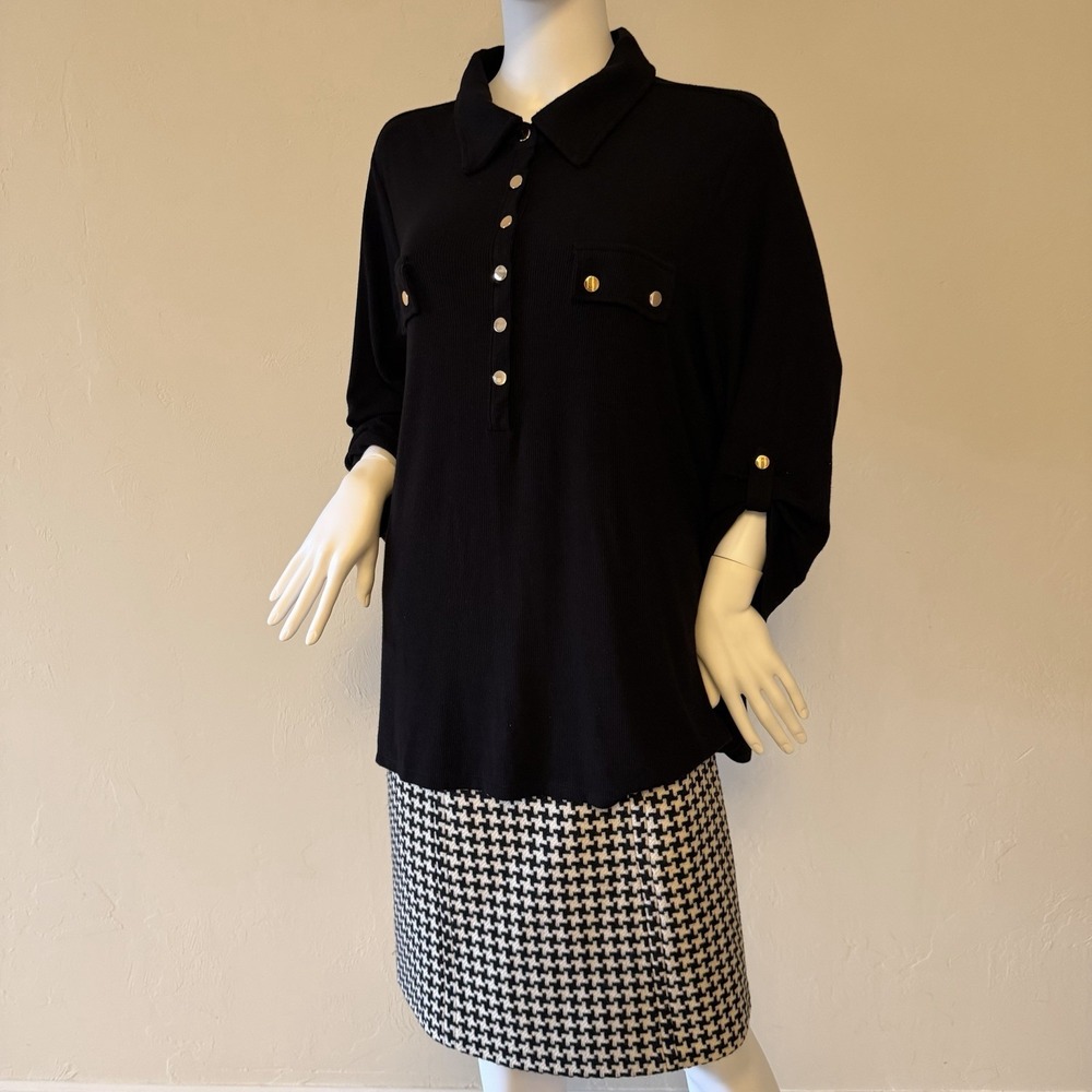 Carmen Marc Valvo Women's Knit‎ Button Blouse Black Collared Plus Size 2X - Picture 2 of 15